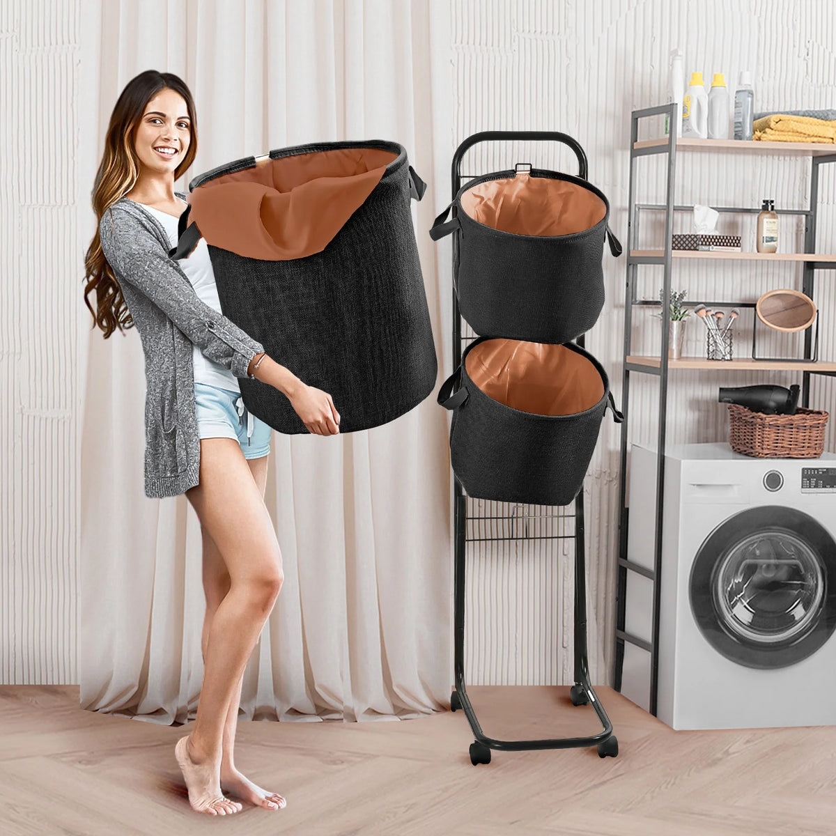 3-Tier Laundry Hamper Sorter, Laundry Storage Organizer with Wheels Movable Rolling Laundry Baskets Cart, Bathroom Cart Clothes Shelf,Laundry Butler for Bathroom Bedroom Laundry Room, Black