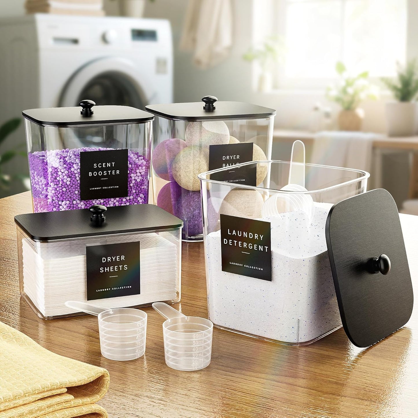 5+1Pack Laundry Pods Container, Clear Laundry Room Organization Containers,Large Detergent Powder Storage, Black Wooden Lids & Labels, Acrylic Pods Holder