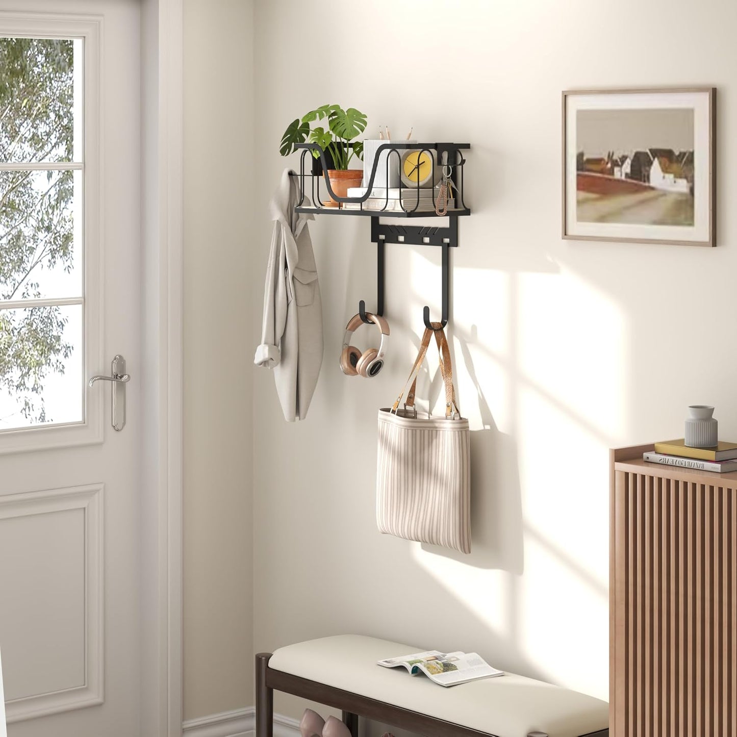 Ironing Board Hanger, 2 in 1 Wall-Mount & over the Door with High-Sided Basket and Side Hooks, Fits T and Y Shaped Legs, Space Saving Iron Holder for Laundry, Sewing Room Decor and Accessories,Black