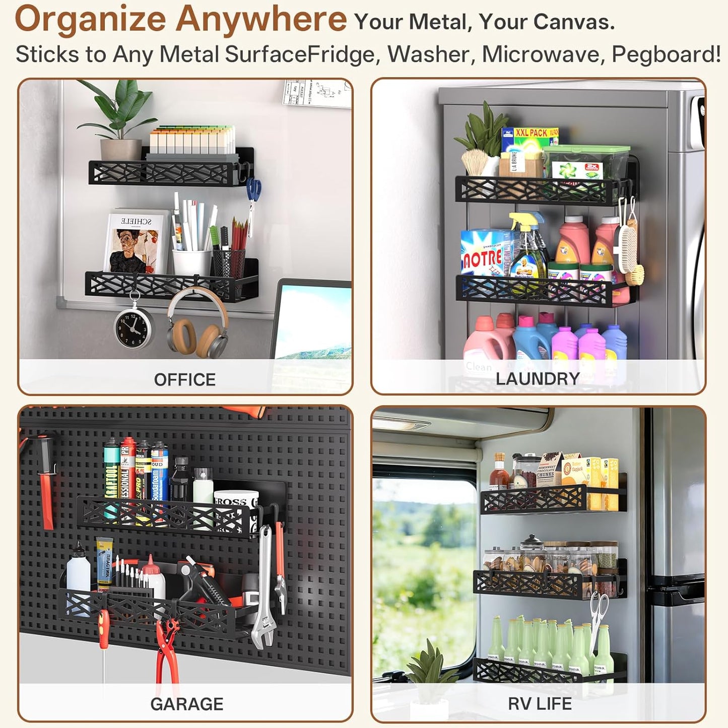 Magnetic Washing Machine Side Storage Rack Shelves 4-Pack, Heavy Duty Metal Narrow Shelf with Hooks, Slim Laundry Room Organizer for Washer Dryer Gap, Space Saving Magnetic Storage for Laundry Kitchen