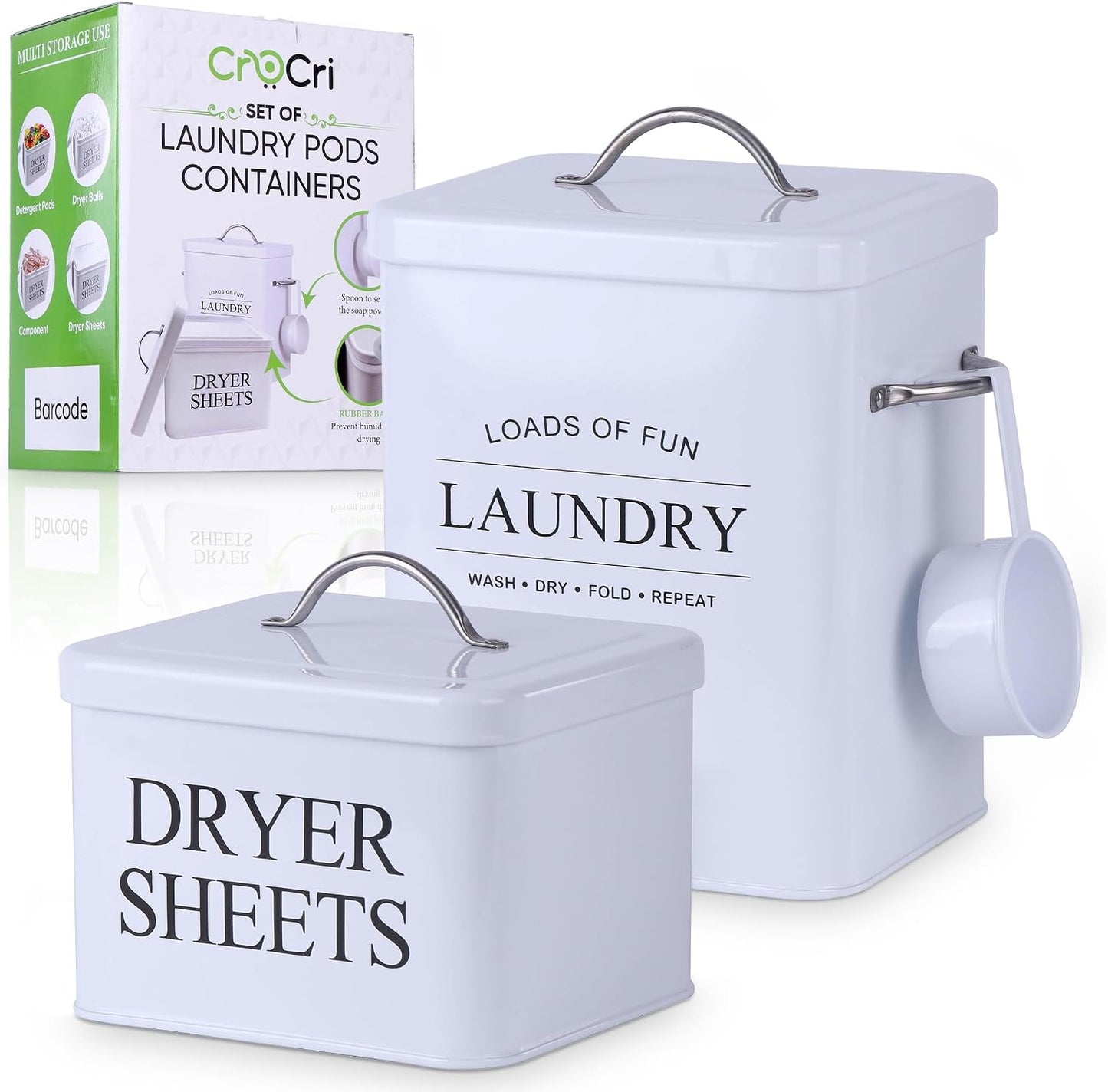 Metal Laundry Detergent Container Set for Powder, Pods and Dryer Sheets, 2 Galvanized Canisters with Scoop, Airtight Silicone Gasket Lids, 10 Lb Capacity, White