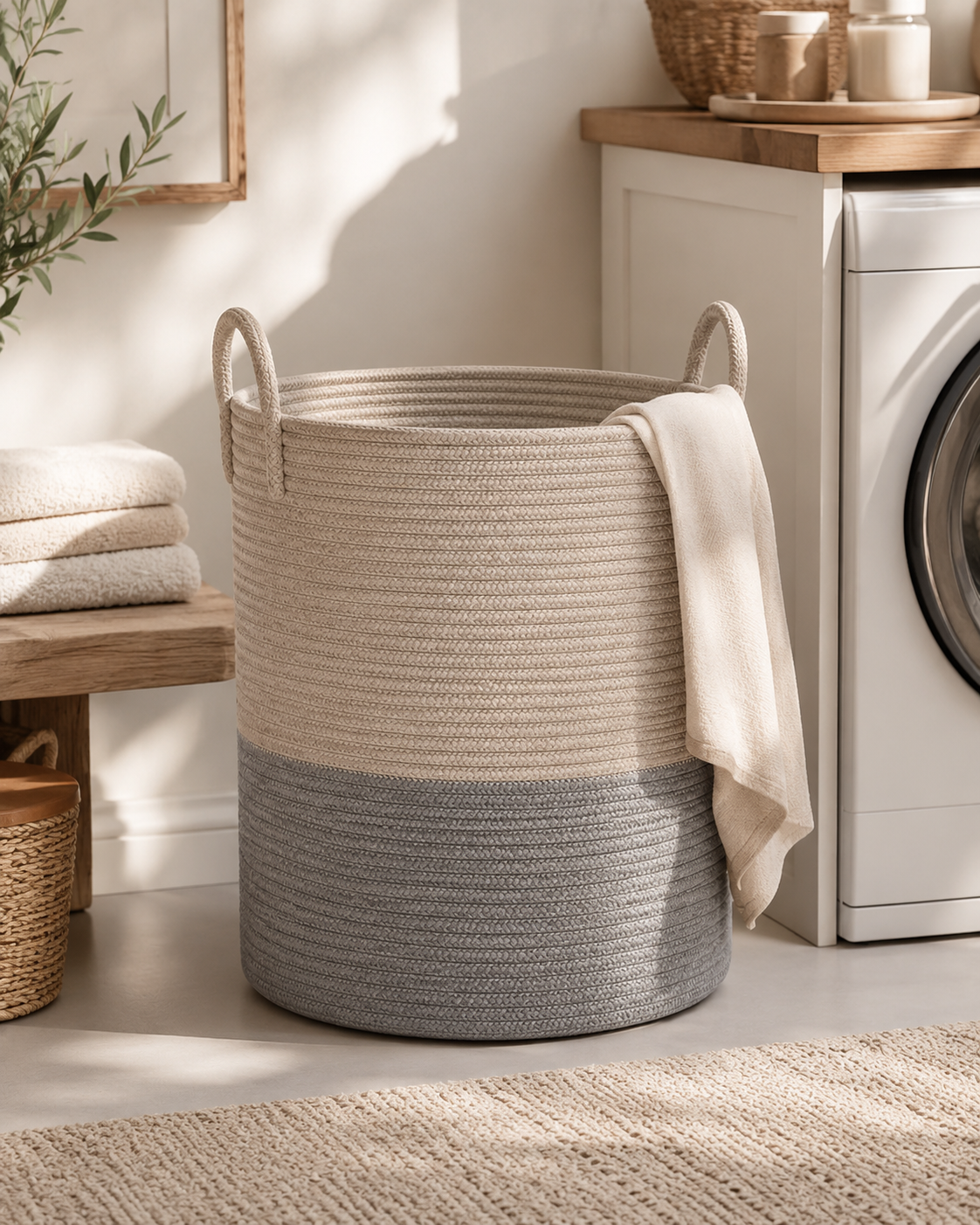 LIND Carry Basket holding blankets in a calm, neutral living room