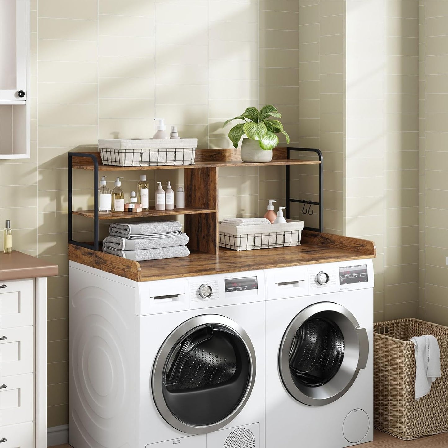 Washer and Dryer Countertop with Shelves, 54" X 27.56" 3 Tiers Large Laundry Topper with 2.95" Edge Rails, Laundry Room Storage and Organization with 2 Hooks and Non-Slip Pads