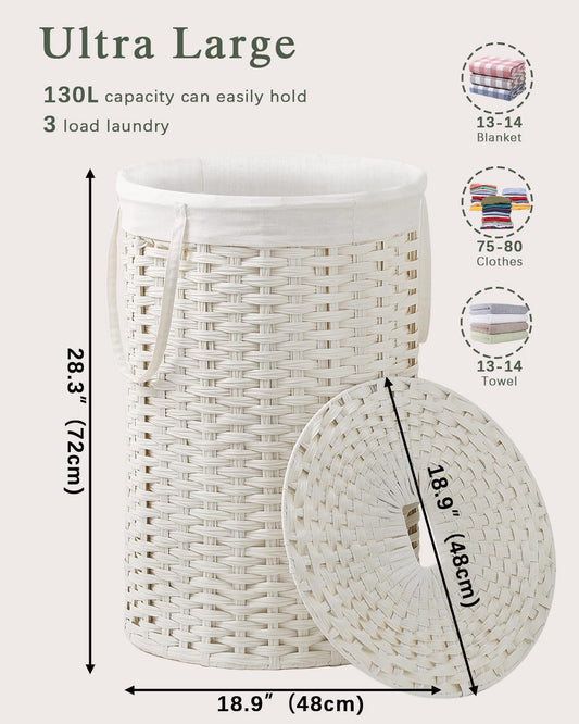 LIND Round Wicker Laundry Hamper with lid, alternate angle
