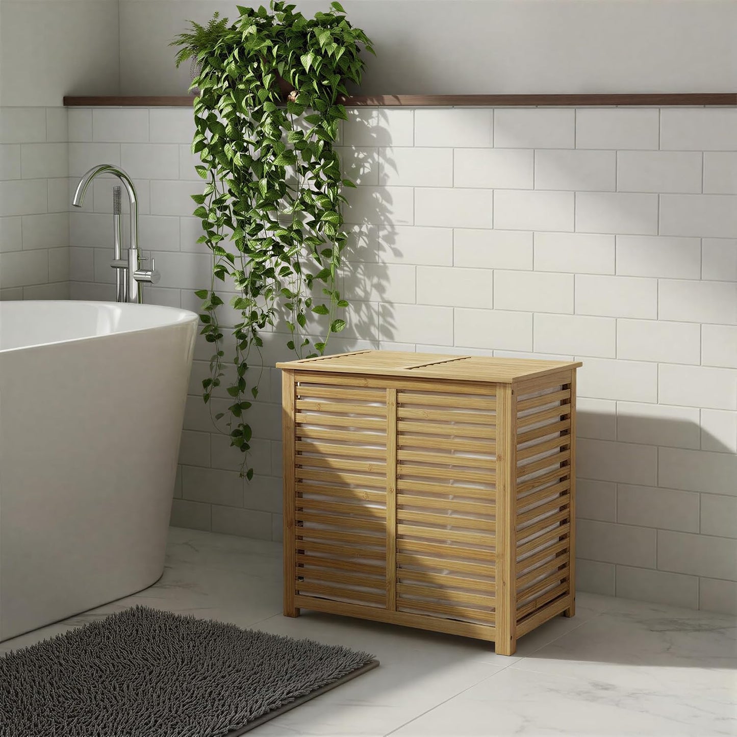 Bamboo and Cotton Double Laundry Sorter with Lid and Removable Cotton Bags, Natural