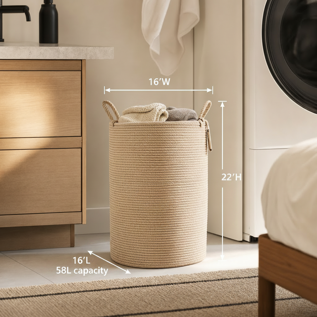 Boho Cotton Rope Laundry Basket with Dimensions