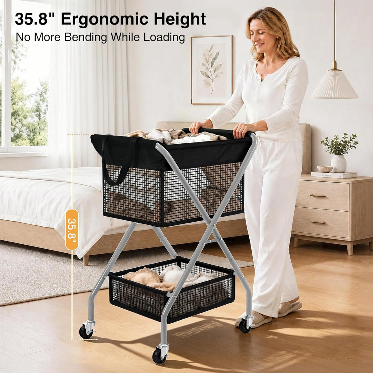2-Tier Foldable Laundry Cart with Wheels, 75L Tall Rolling Laundry Hamper, Collapsible Laundry Basket with Removable Bag, Rust-Resistant Steel Frame for Laundry Room, Bathroom, Dorm, Black