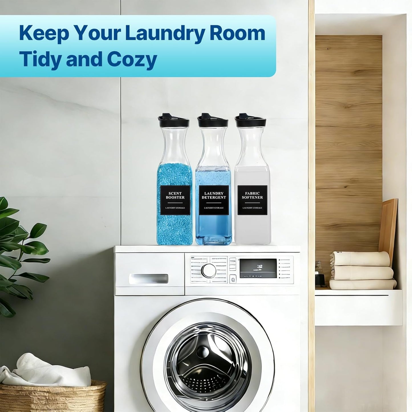 3 Pack Laundry Detergent Dispenser, Soap & Fabric Softener Dispenser, 54Oz Detergent Containers, Laundry Room Organization and Storage Plastic Bottle for Scent Booster, Powder, Bleach (Height 12.2'')