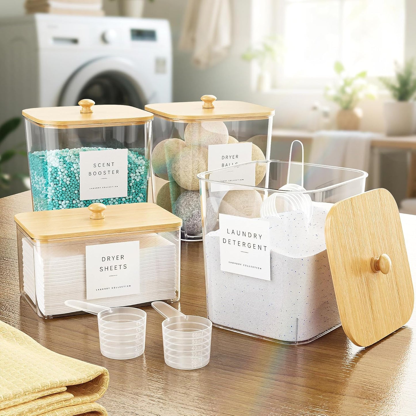 3+1 Pack Bamboo Laundry Pods Container, Clear Laundry Room Organization Containers,Large Laundry Detergent Powder Storage Containers Lids & Labels, Acrylic Laundry Pods Holder for Scent Booster