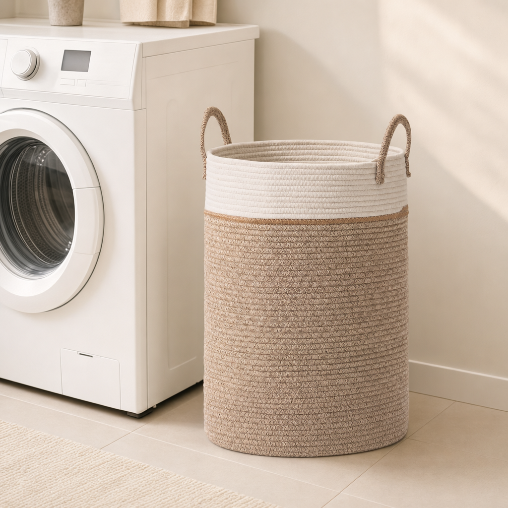 LIND Cloud Hamper scale image for a calm laundry room setup.