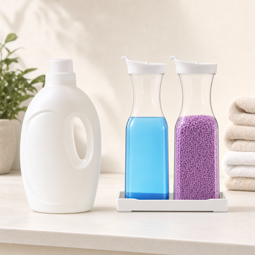 LIND Pure Pour detergent dispenser set of 2 for a calm laundry room setup.
