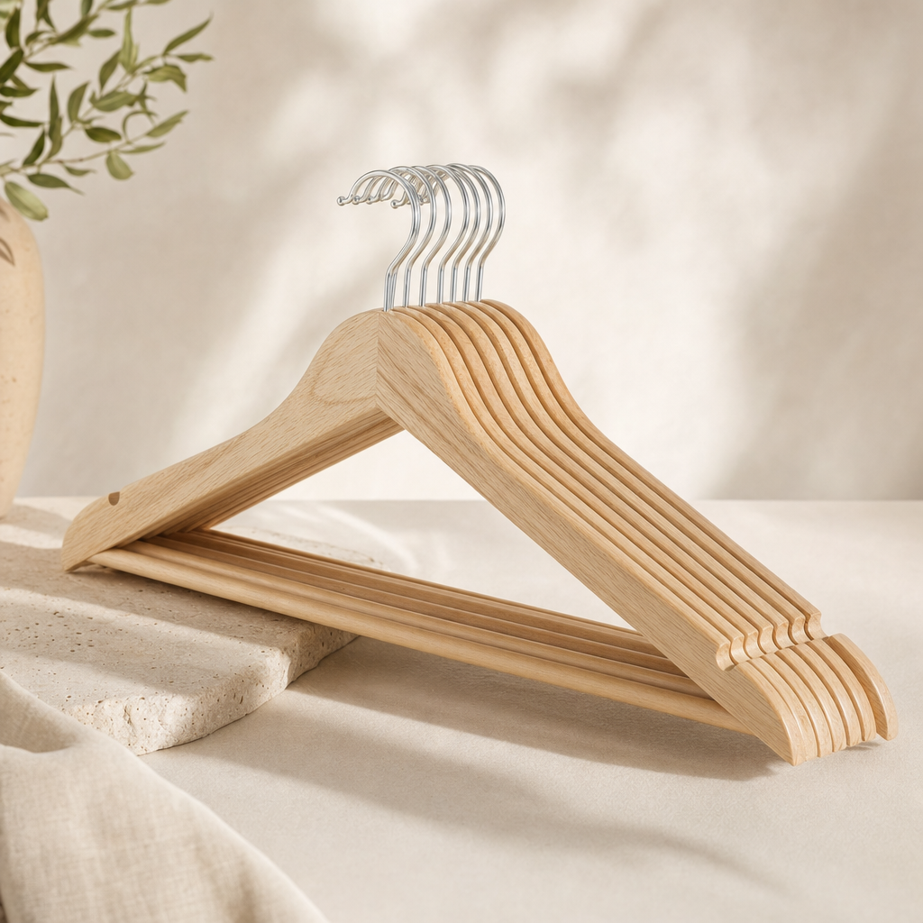 LIND Wood Hangers scale image for a calm laundry room setup.