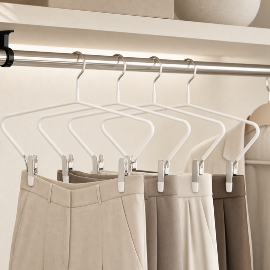 LIND Trouser Hanger Set lifestyle image for a calm laundry room setup.