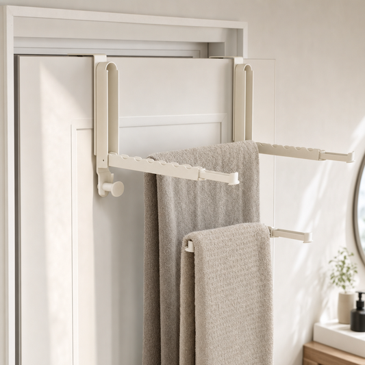 LIND Door Rack lifestyle image for a calm laundry room setup.