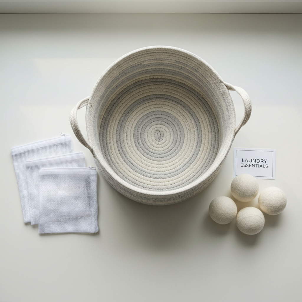 The Starter Laundry Set — woven basket, wool dryer balls and mesh delicates bags flat lay