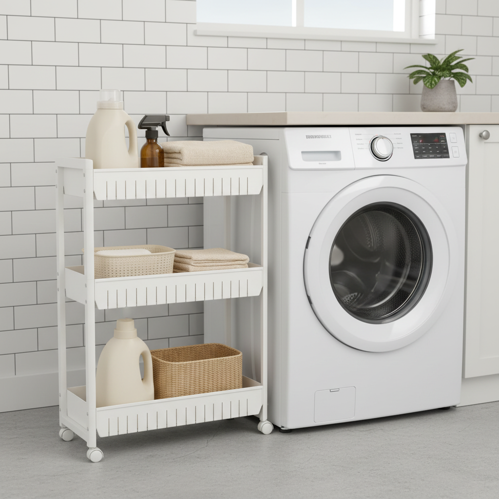 Slim 3-tier white rolling storage cart sliding out from narrow gap beside washing machine
