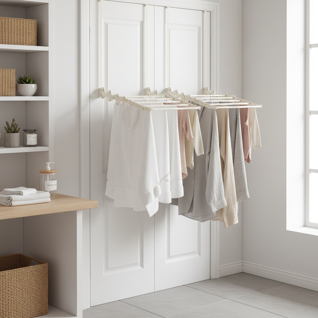 Ivory over-door clothes drying rack set of 2 hanging on white door with towels and clothing