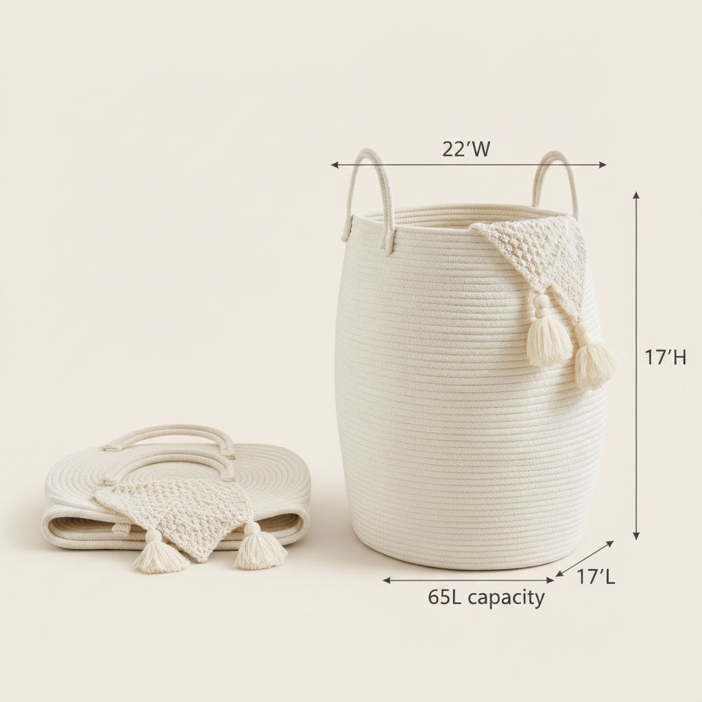 Woven Cotton Rope Laundry Basket with Dimensions