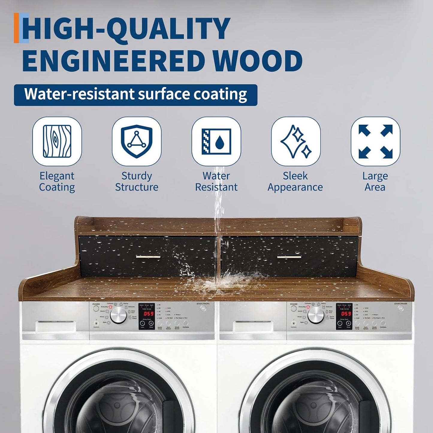 2-Tier Washer Dryer Countertop with 2 Drawers, 54" W X 27.55" D Laundry Countertop with 2.75" H Edge Rails, Washer and Dryer Topper with Non-Slip Pad for Laundry Room Organization and Storage