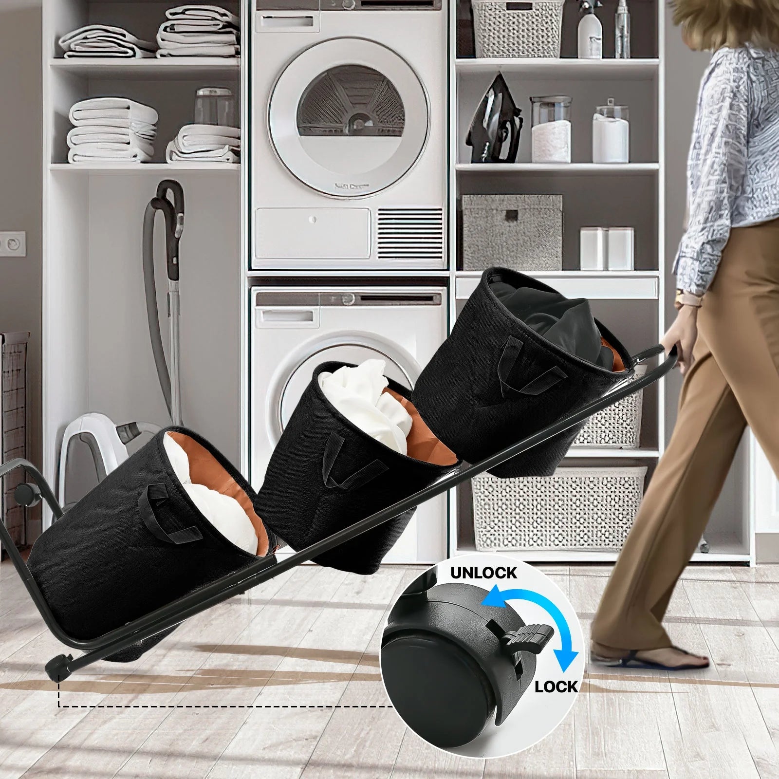 3-Tier Laundry Hamper Sorter, Laundry Storage Organizer with Wheels Movable Rolling Laundry Baskets Cart, Bathroom Cart Clothes Shelf,Laundry Butler for Bathroom Bedroom Laundry Room, Black