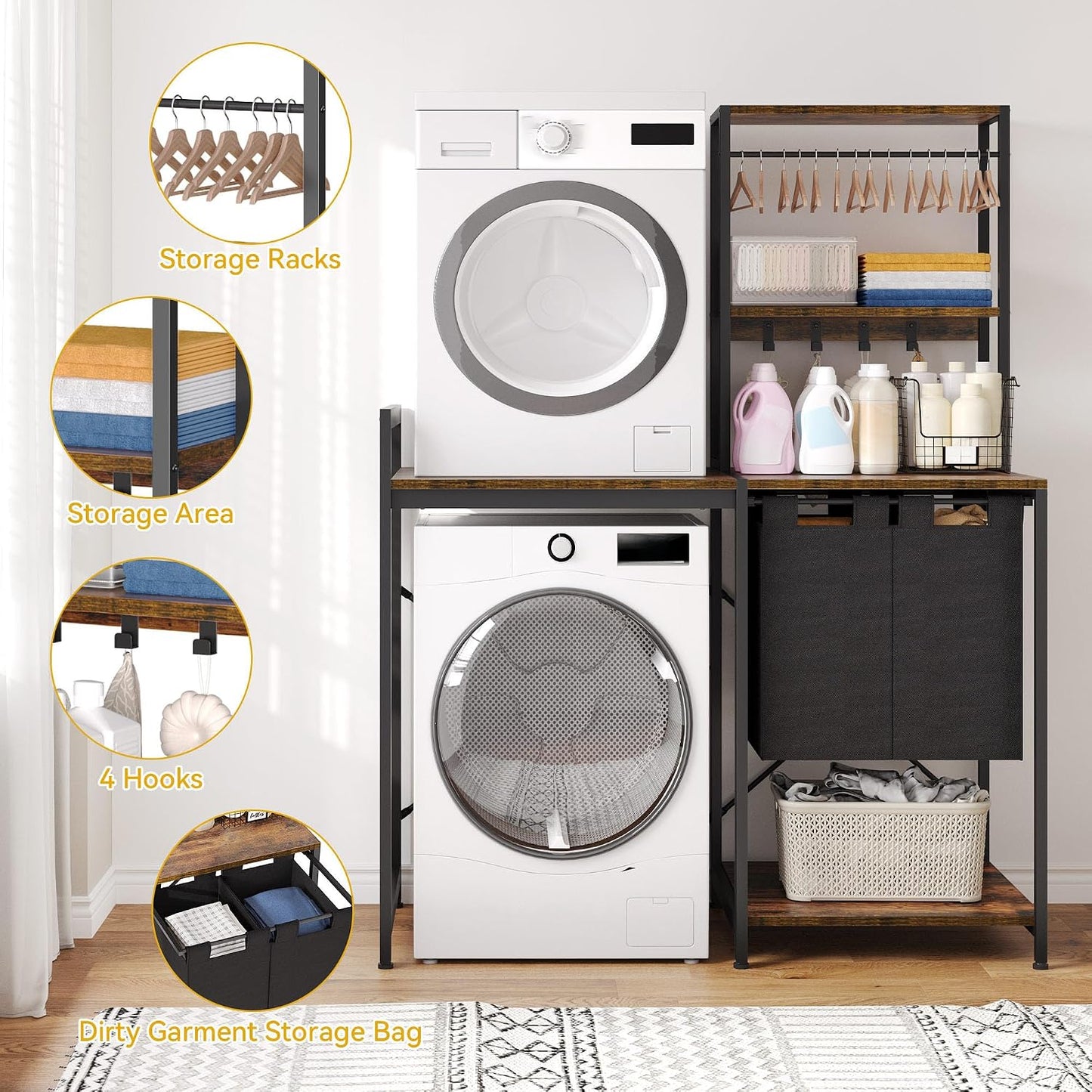 over Washer and Dryer Shelves, Laundry Room Organization with Removable Pull-Out Hamper, Hanging Rods, Metal Hooks, Heavy-Duty Laundry Countertop with Non-Tipping Kits, Retro Color