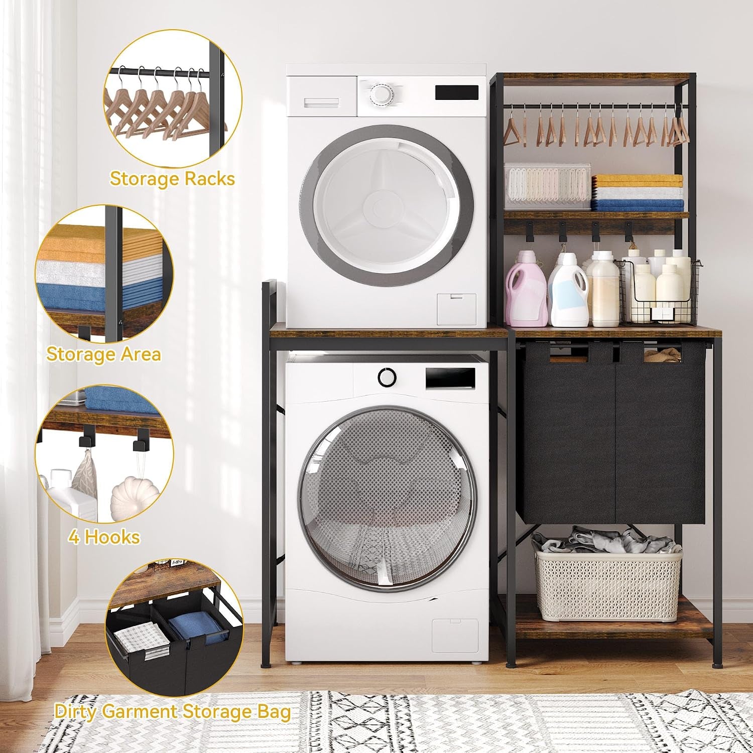 over Washer and Dryer Shelves, Laundry Room Organization with Removable Pull-Out Hamper, Hanging Rods, Metal Hooks, Heavy-Duty Laundry Countertop with Non-Tipping Kits, Retro Color