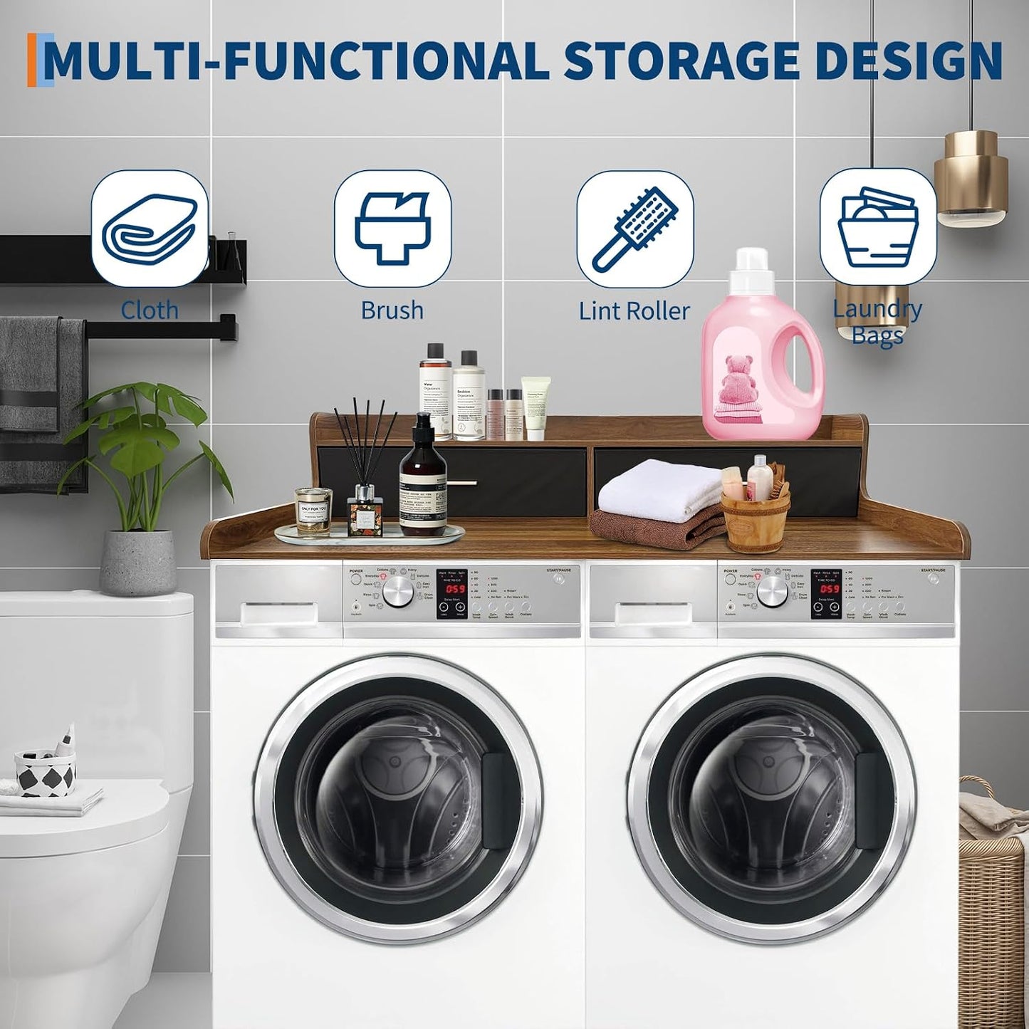 2-Tier Washer Dryer Countertop with 2 Drawers, 54" W X 27.55" D Laundry Countertop with 2.75" H Edge Rails, Washer and Dryer Topper with Non-Slip Pad for Laundry Room Organization and Storage