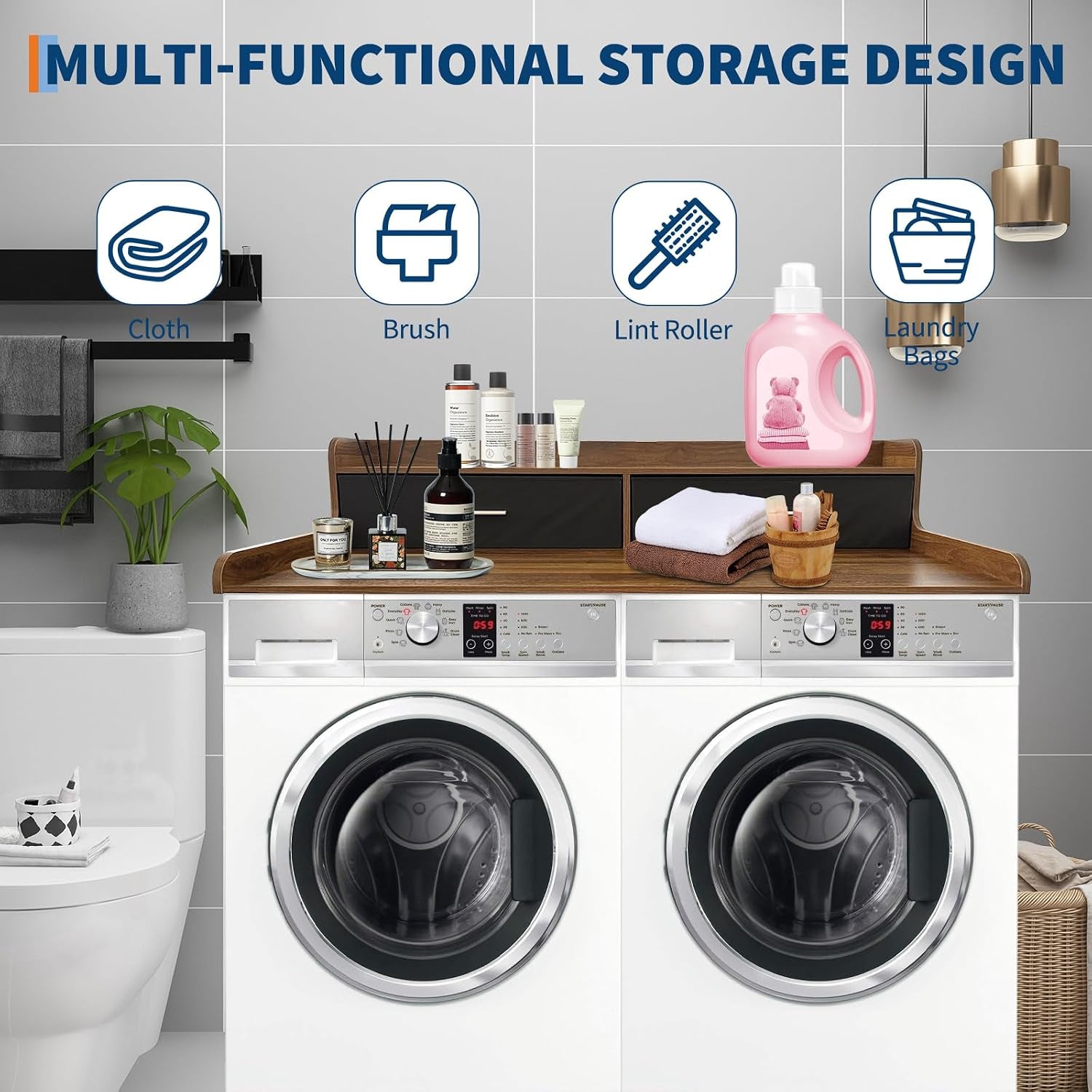 2-Tier Washer Dryer Countertop with 2 Drawers, 54" W X 27.55" D Laundry Countertop with 2.75" H Edge Rails, Washer and Dryer Topper with Non-Slip Pad for Laundry Room Organization and Storage