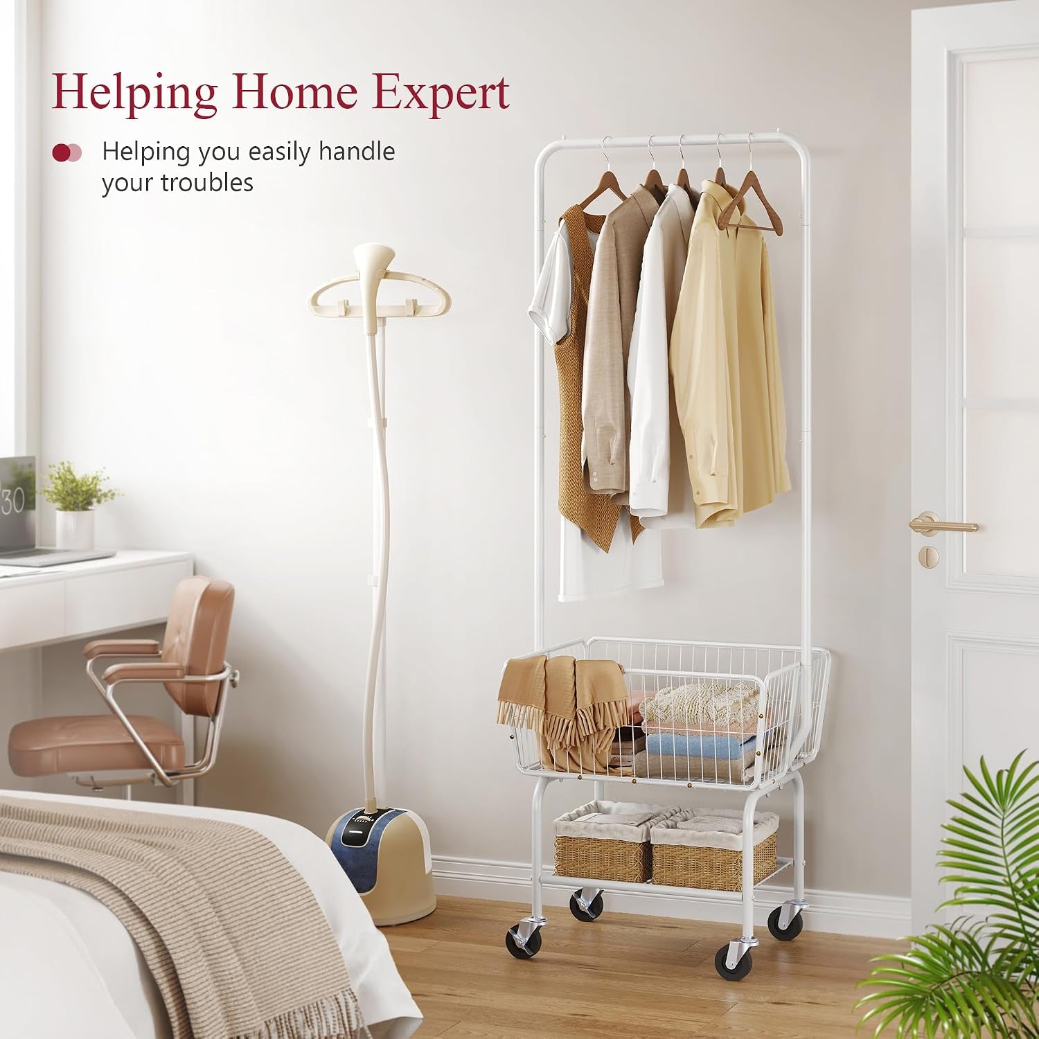 Laundry Cart with Hanging Rack, Metal Laundry Basket with Wheels, Laundry Hamper with Storage Basket and Shelf, Rolling Laundry Cart with Wheels, White