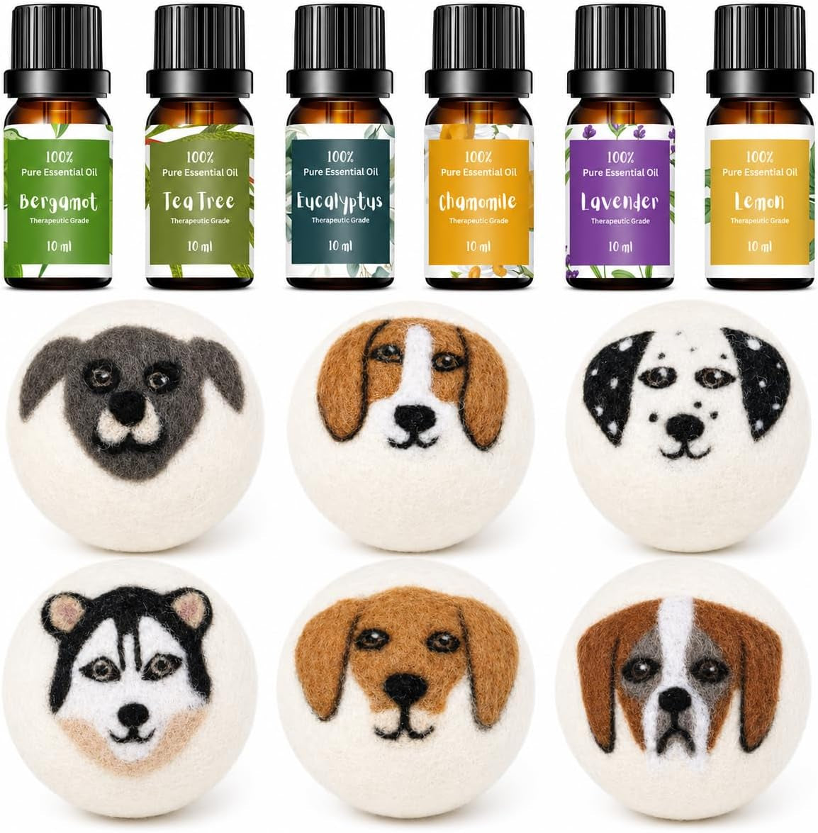 Wool Dryer Balls & Essential Oils for Laundry Bundle – 6 XL Puppy Reusable Dryer Balls with 6 Pack Essential Oils for Dryer Balls, Diffusers & Natural Fabric Softening