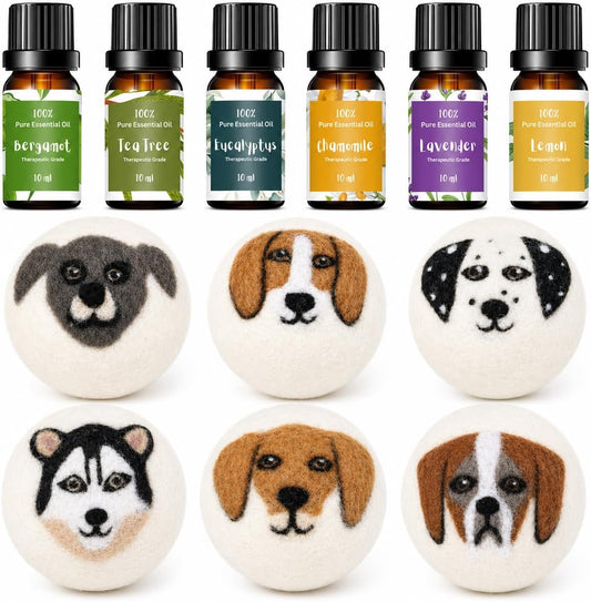 Wool Dryer Balls & Essential Oils for Laundry Bundle – 6 XL Puppy Reusable Dryer Balls with 6 Pack Essential Oils for Dryer Balls, Diffusers & Natural Fabric Softening