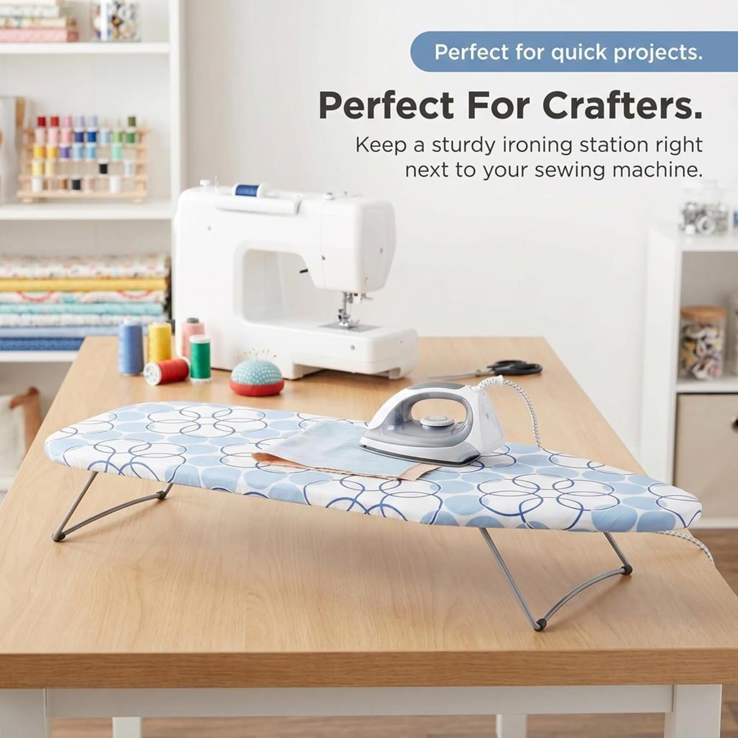 122101 Small Tabletop Ironing Board with Folding Legs - Magic Rings Cover and Pad,Blue Rings