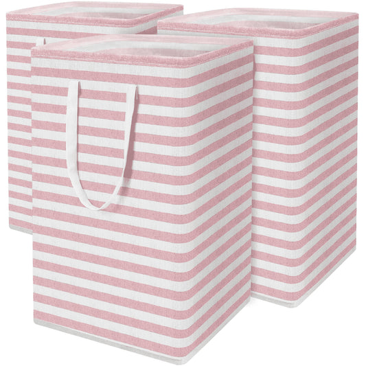 3Pcs 75L Laundry Basket, Laundry Hamper, Collapsible Laundry Baskets, Laundry Bags, Waterproof with Foam Protected Aluminum Handles, White & Pink