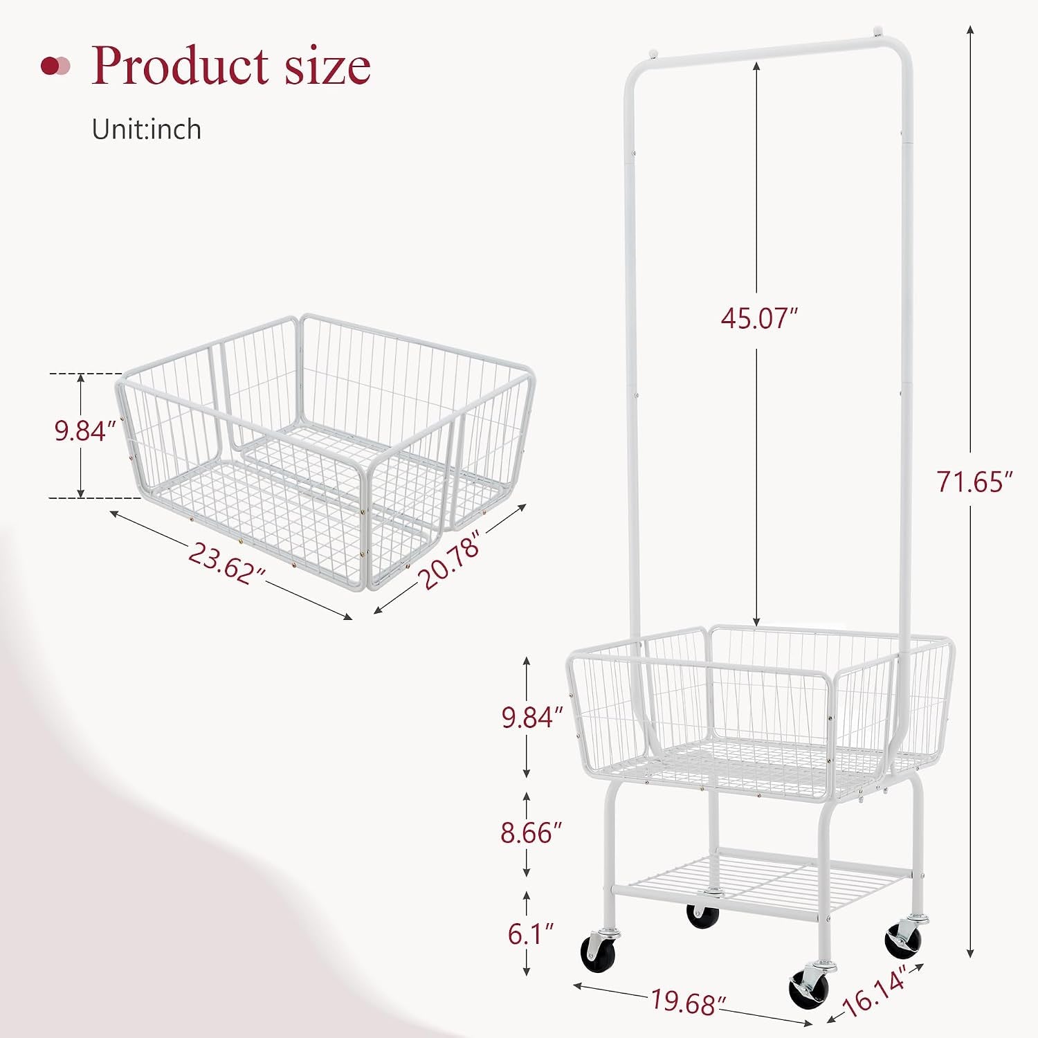 Laundry Cart with Hanging Rack, Metal Laundry Basket with Wheels, Laundry Hamper with Storage Basket and Shelf, Rolling Laundry Cart with Wheels, White