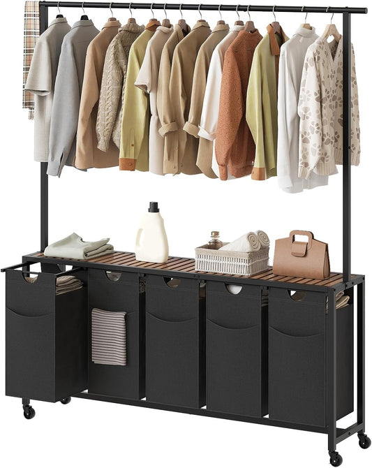 Laundry Hamper, Laundry Sorter 5 Section, Rolling Laundry Basket, Laundry Sorter with Hanging Bar, Hampers for Laundry, Laundry Basket Organizer for Laundry Room, Rustic Brown LS57BR