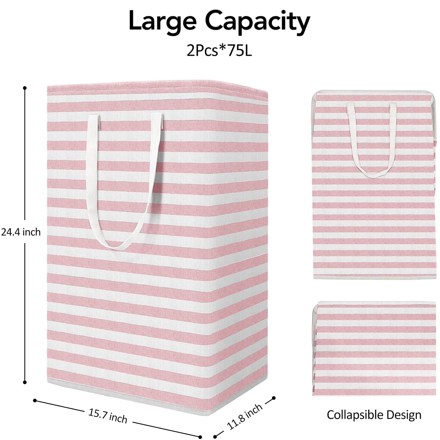 3Pcs 75L Laundry Basket, Laundry Hamper, Collapsible Laundry Baskets, Laundry Bags, Waterproof with Foam Protected Aluminum Handles, White & Pink