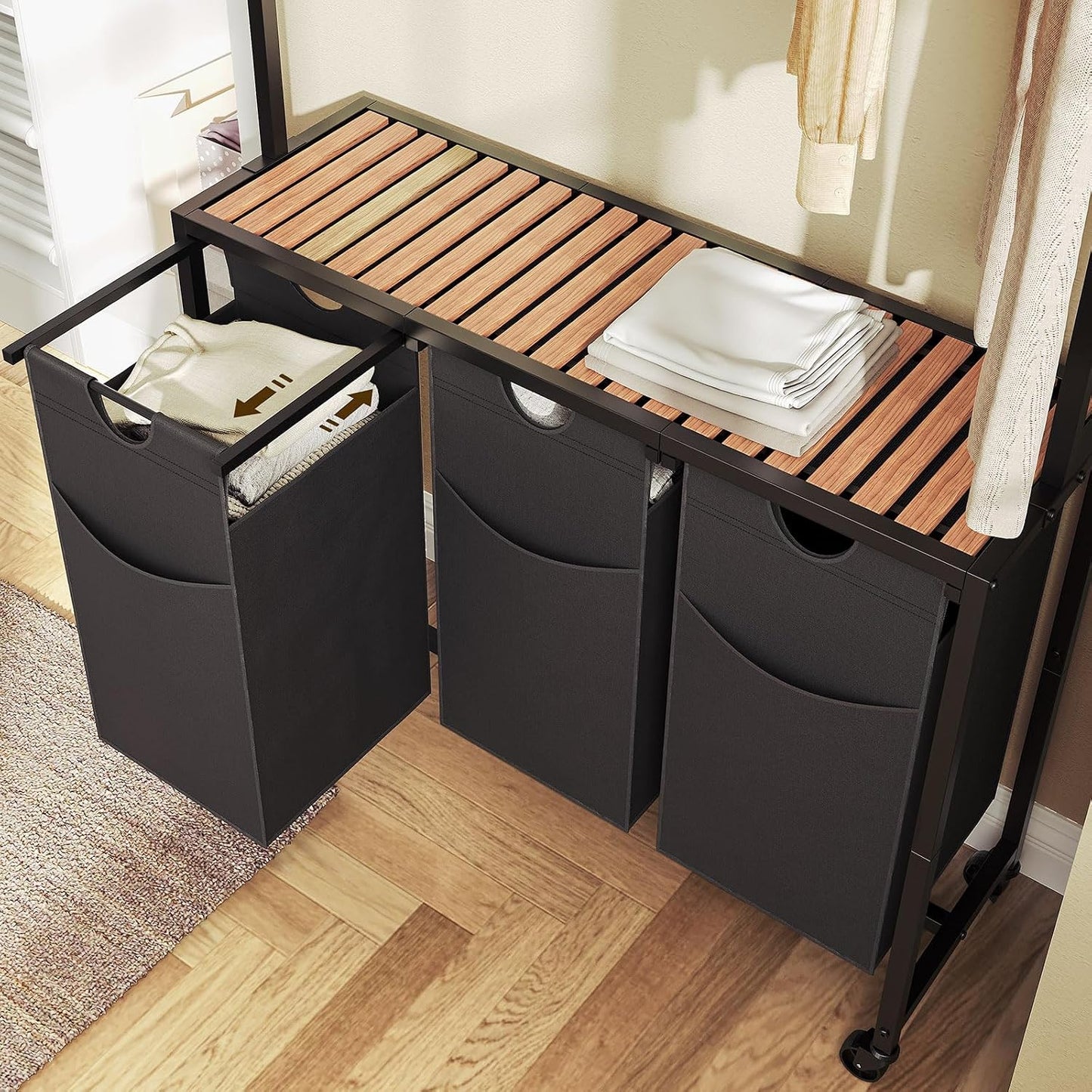 Laundry Sorter 3 Section, Rolling Laundry Hamper with Hanging Rack, Laundry Sorter with Wheels, Hampers for Laundry, Laundry Basket Organizer for Laundry Room, Rustic Brown LS37BR