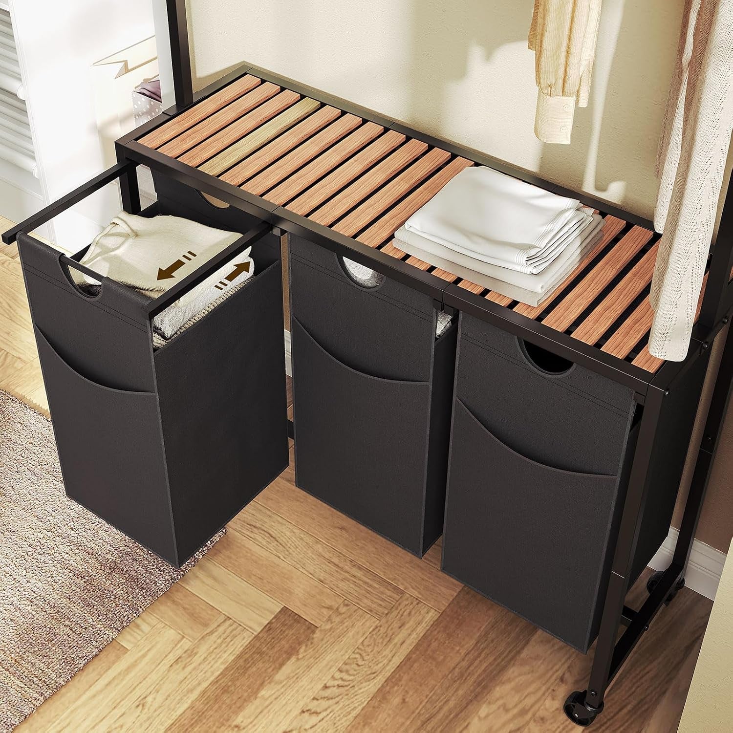 Laundry Sorter 3 Section, Rolling Laundry Hamper with Hanging Rack, Laundry Sorter with Wheels, Hampers for Laundry, Laundry Basket Organizer for Laundry Room, Rustic Brown LS37BR
