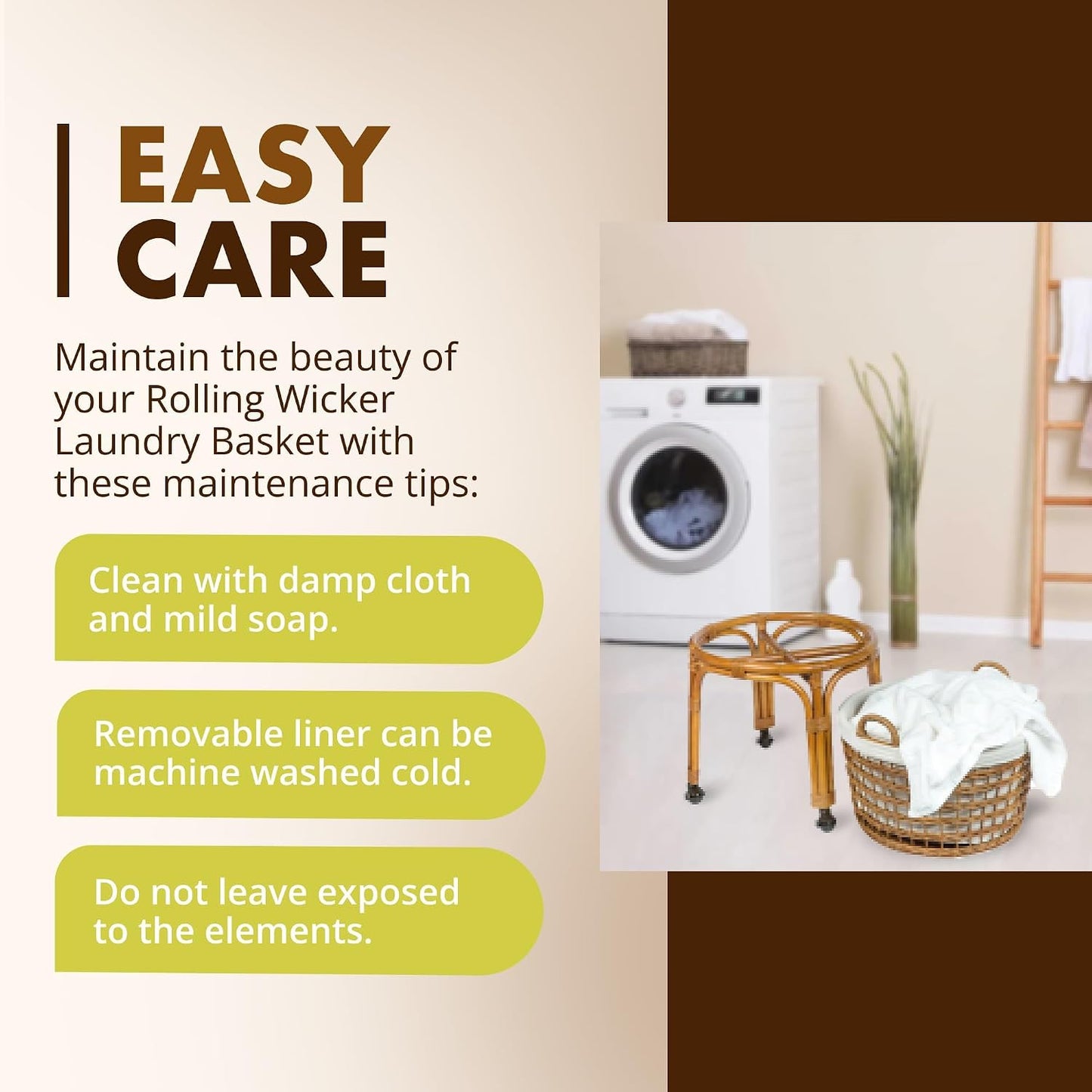 Rolling Wicker Laundry Basket, Handwoven Wicker Hamper with Removable Cotton Liner, Stand, & Locking Caster Wheels, Honey Brown