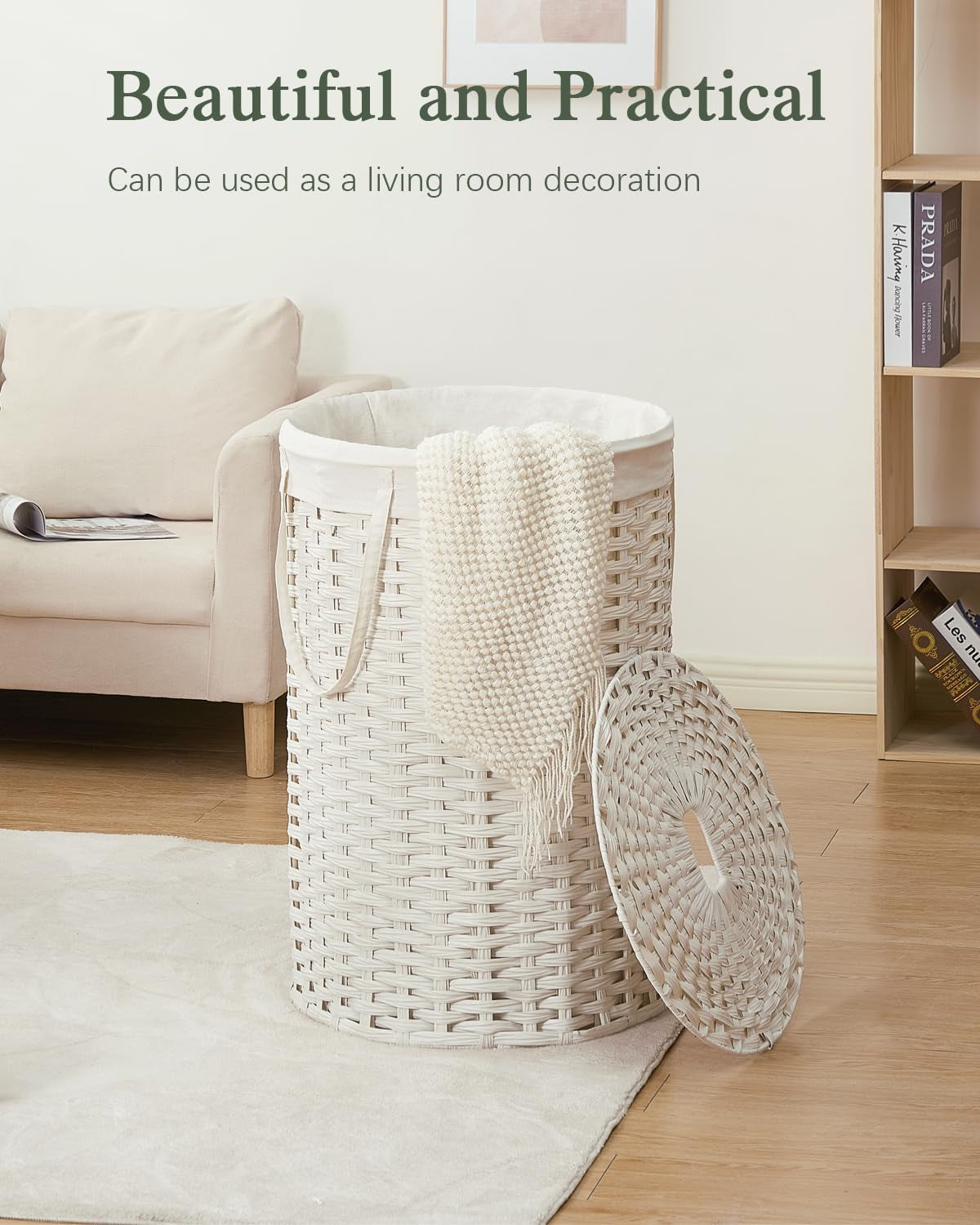 Large Laundry Hamper Laundry Basket round 34.3 Gal (130 L) Handwoven Wicker Laundry Baskets Rattan Laundry Basket with Laundry Bag Handles 2 Mesh Bags for Living Room Bedroom White