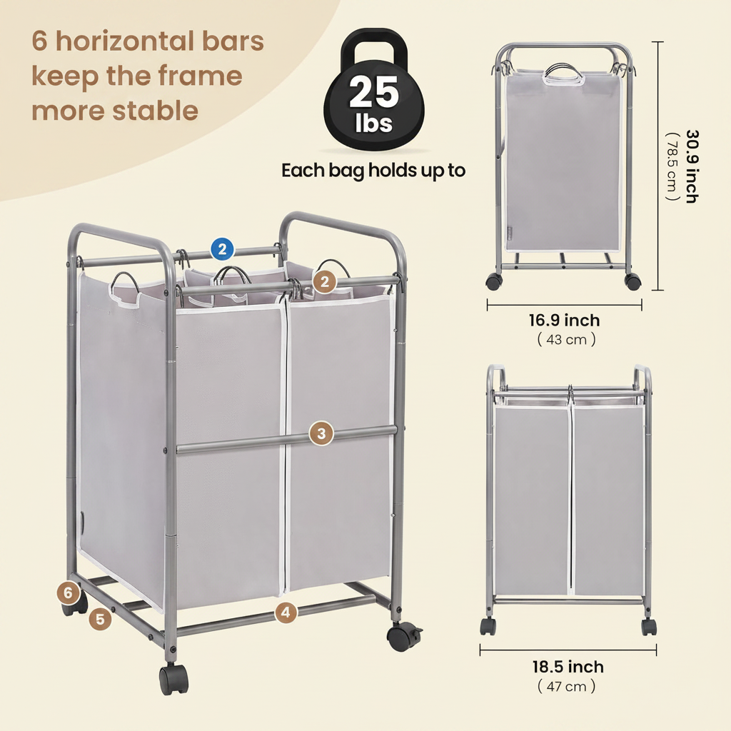 LIND 5-Bag Laundry Sorter Cart, 2-bag configuration dimensions