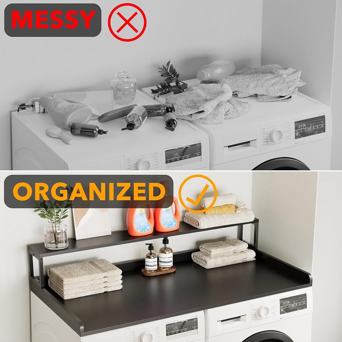 2-Tier Washer Dryer Countertop, Laundry Topper with Rack Shelf 54" Width X 27.5" Depth X 10" Height Organizer Cover for Washer and Dryer Laundry Hamper Counter Storage (Black)
