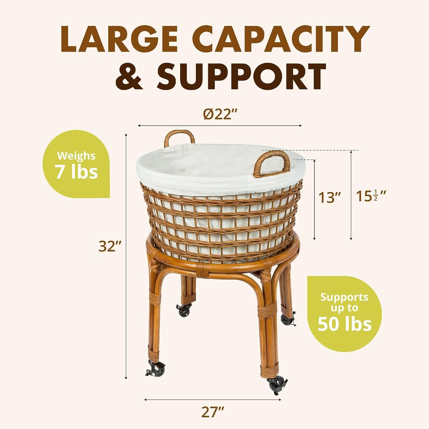 Rolling Wicker Laundry Basket, Handwoven Wicker Hamper with Removable Cotton Liner, Stand, & Locking Caster Wheels, Honey Brown