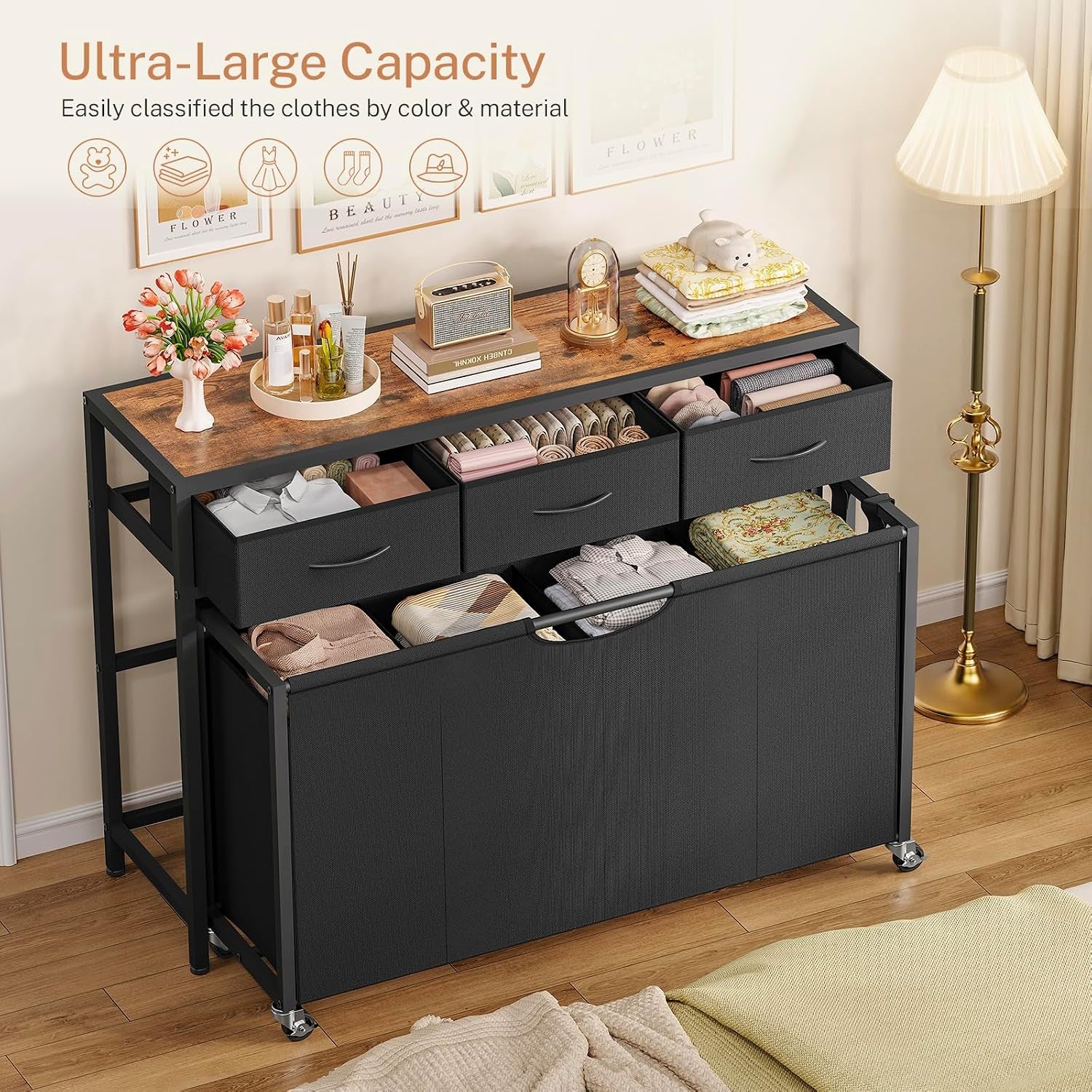 Laundry Sorter, Rolling Laundry Hamper with 4 Section Pull-Out Bags, 300L Large Laundry Basket Organizer with 3 Drawers, Laundry Hamper with Wheels for Laundry Room Organization, Bathroom, Bedroom