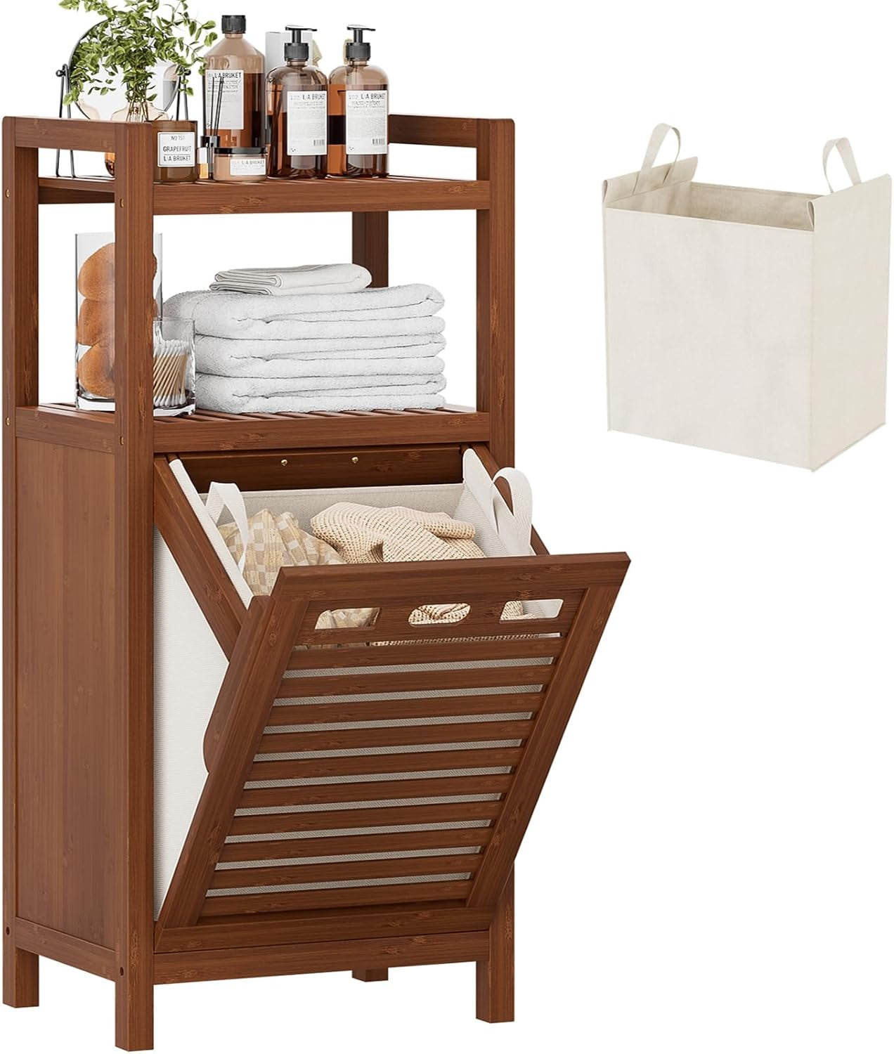 Tilt Out Laundry Hamper, 10 Gal Bamboo Laundry Storage Cabinet with Removable Basket, Hidden Hamper Organizer with Shelf for Dirty Clothes, Bathroom, Laundry Room, Space Saving, Walnut