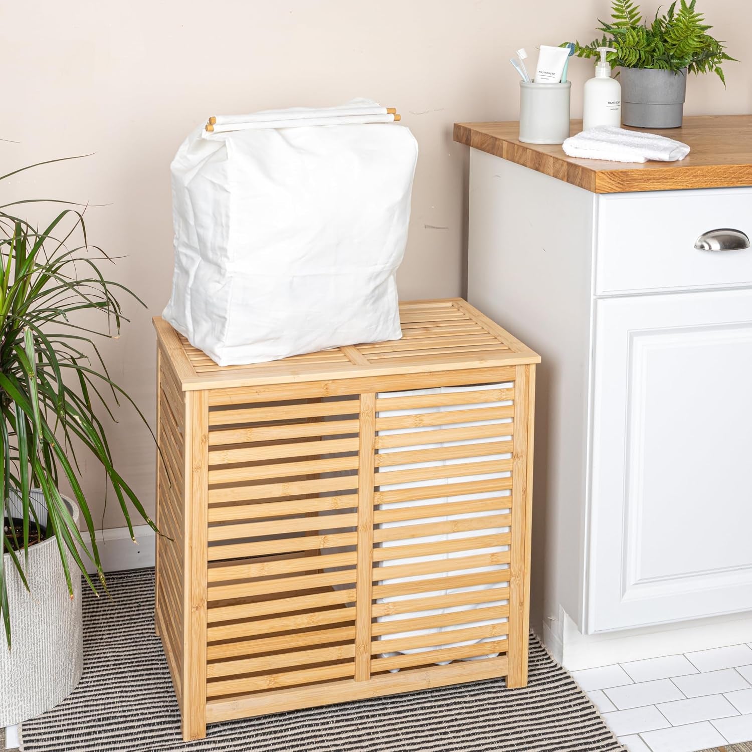 Bamboo and Cotton Double Laundry Sorter with Lid and Removable Cotton Bags, Natural