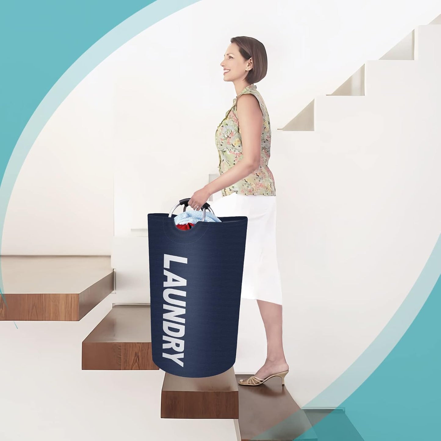90L Large Laundry Basket, Laundry Hamper, Dirty Clothes Hamper for Laundry, Collapsible, Waterproof Laundry Baskets with Foam Protected Aluminum Handles for Laundry, Dorm, Family (Blue)