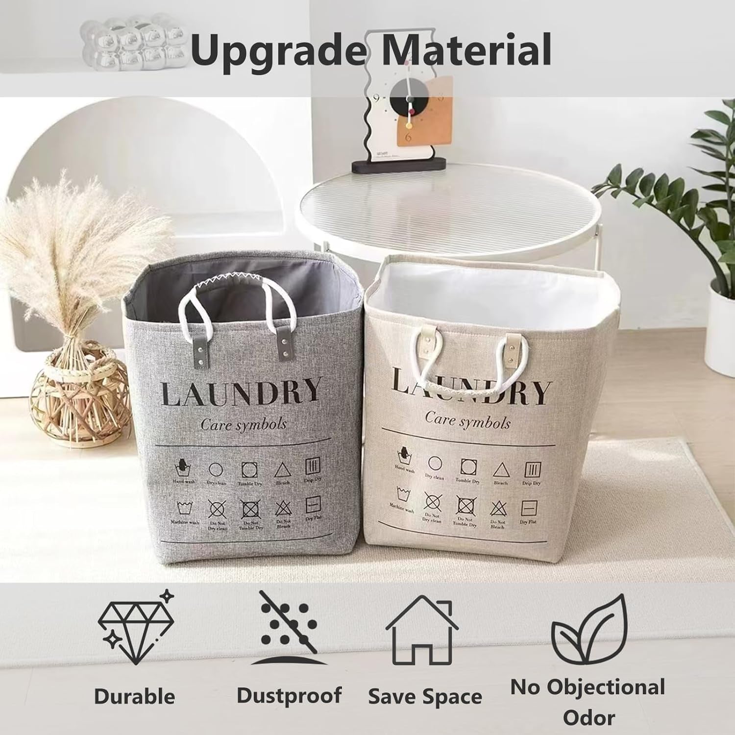 Small Laundry Basket, 50L Foldable Laundry Hamper Organizer with Handles, Fashion Portable Laundry Basket in Bedroom, Laundry Room, Closet, Bathroom, College Dorm (Beige)