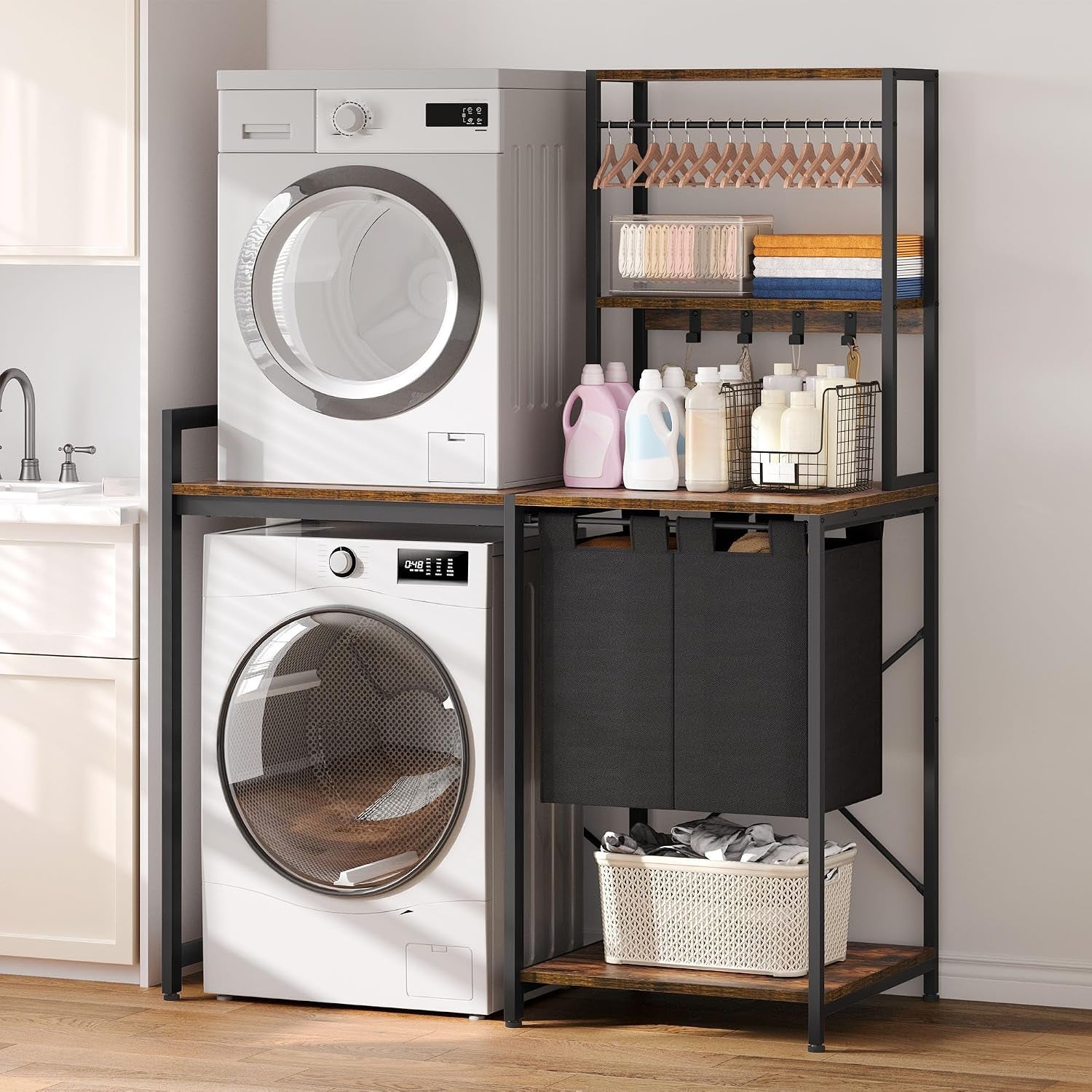 over Washer and Dryer Shelves, Laundry Room Organization with Removable Pull-Out Hamper, Hanging Rods, Metal Hooks, Heavy-Duty Laundry Countertop with Non-Tipping Kits, Retro Color