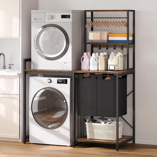 over Washer and Dryer Shelves, Laundry Room Organization with Removable Pull-Out Hamper, Hanging Rods, Metal Hooks, Heavy-Duty Laundry Countertop with Non-Tipping Kits, Retro Color